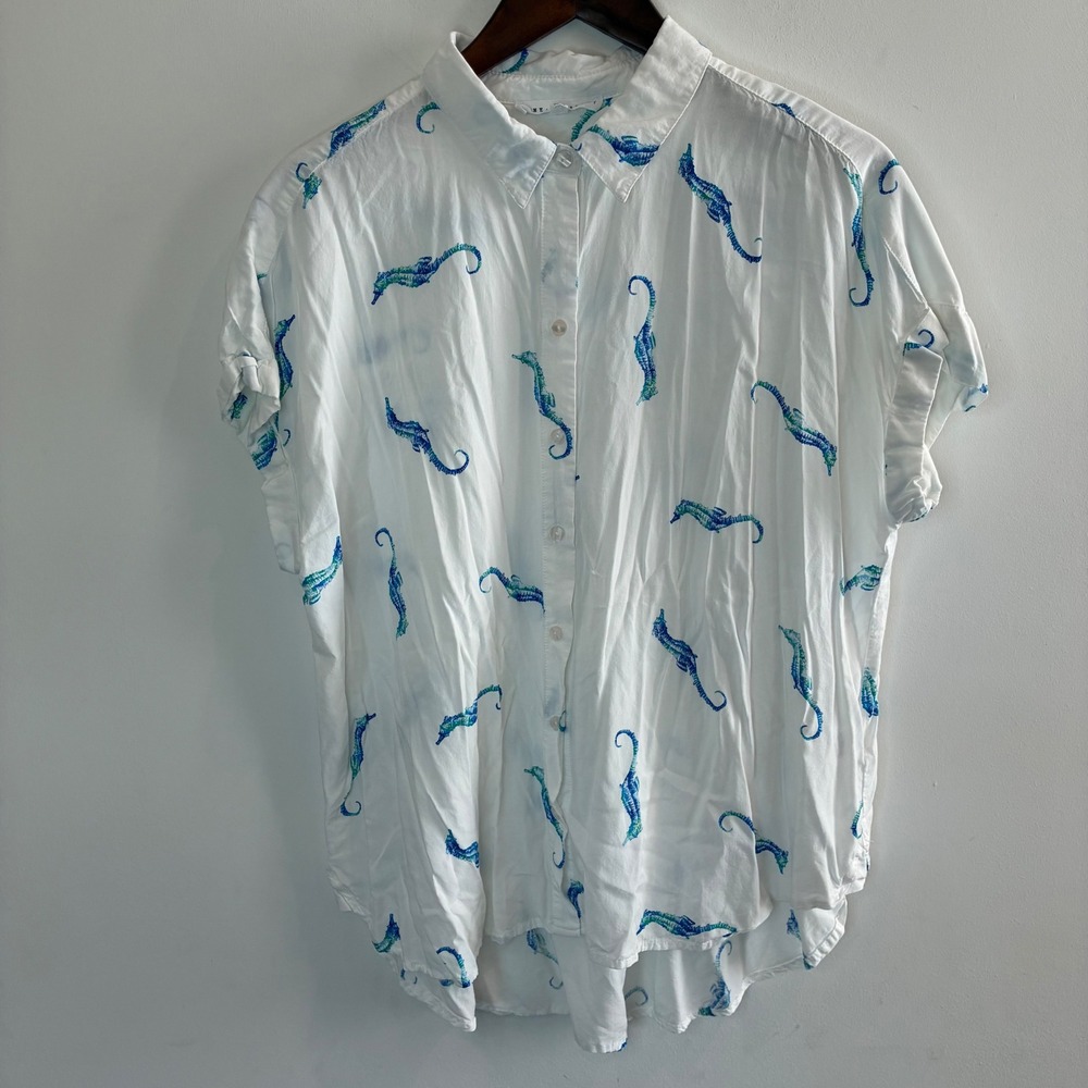 Jane & Delancey Seahorse Button Down Shirt XL White Rayon Coastal Beachy Boho